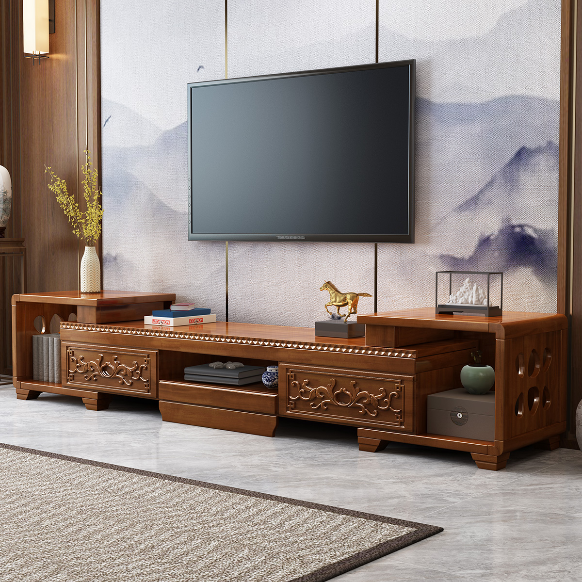 月影梳桐香樟木电视柜实木伸缩地柜中式雕花储物柜新中式简约客厅影视