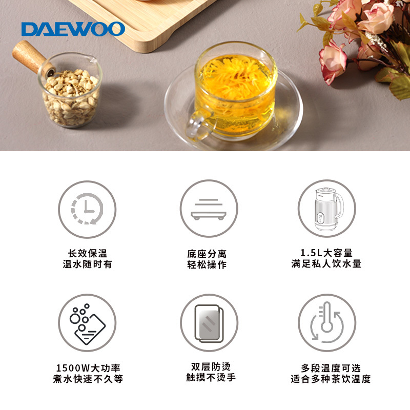 大宇(DAEWOO) 家用双层防烫304不锈钢内胆开水壶 电热水壶1.5L 菲斯绿DYSH-15F26!高清大图