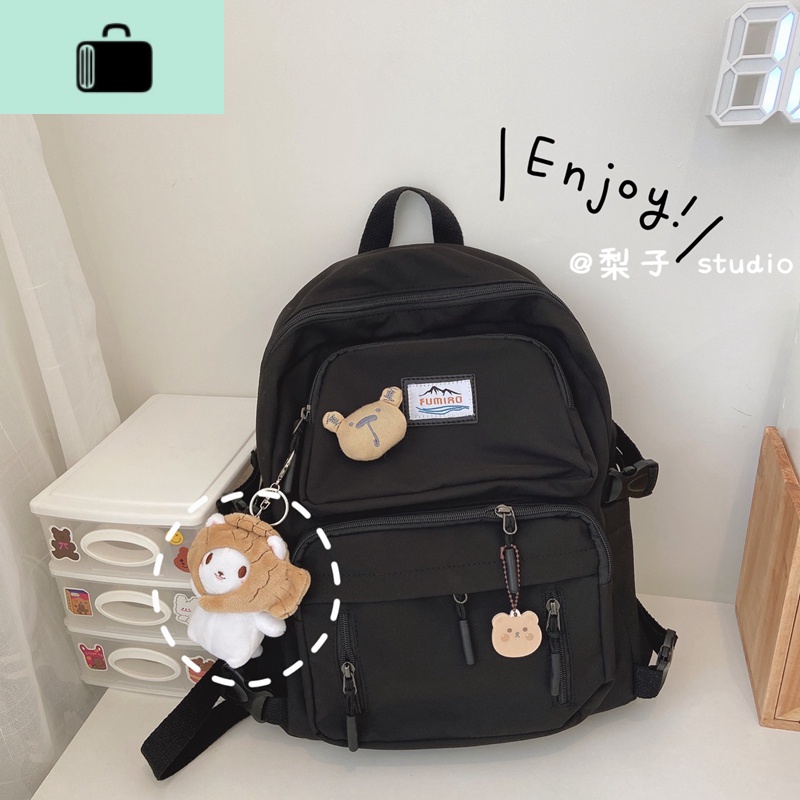 韩国ins工装学生港风街拍书包女原宿双肩包ulzzang旅行背包NEW LAKE 黑色（送鲷鱼烧挂件）含丁丁熊和吊坠