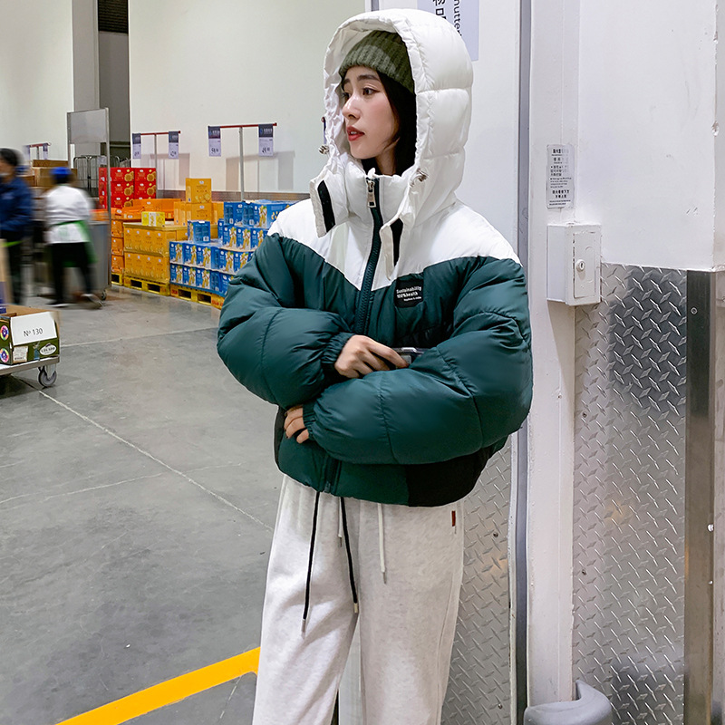 2023冬季新款撞色拼接羽绒棉服短款宽松韩版面包服连帽潮女士外套 白帽深绿 XXL