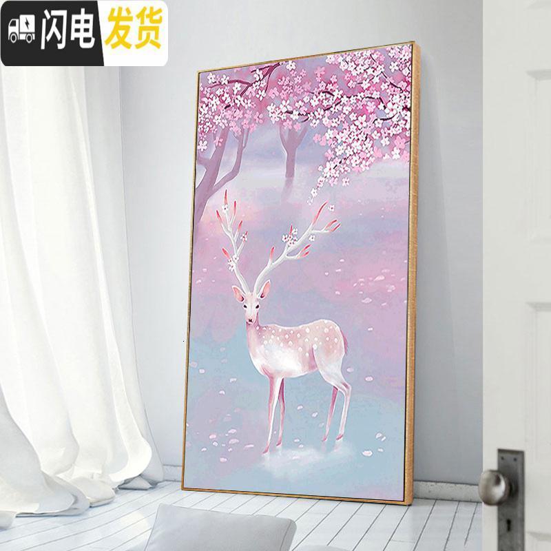 三维工匠2020年新款钻石画满钻客厅玄关卧室发财鹿竖版小幅小件十字绣2019 画+白色框[满钻70*105厘米]高清大图