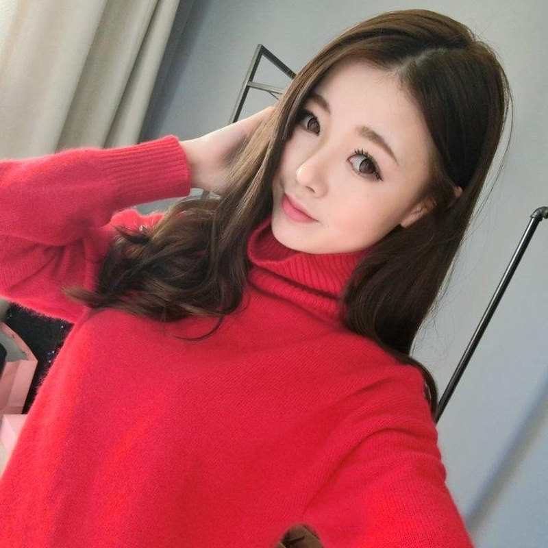 新款韩版女高翻领中长款羊绒衫女套头宽松针织打底加厚羊绒衫毛衣