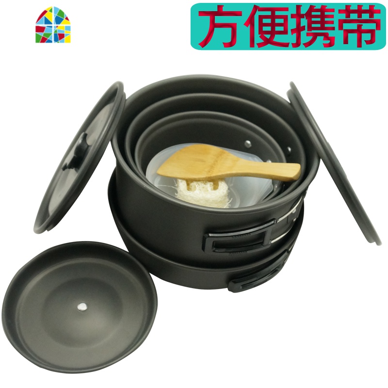 户外炊具野营茶壶吊锅套锅组合套装4-5人 便携式烧水壶锅具 FENGHOU 10个碗高清大图