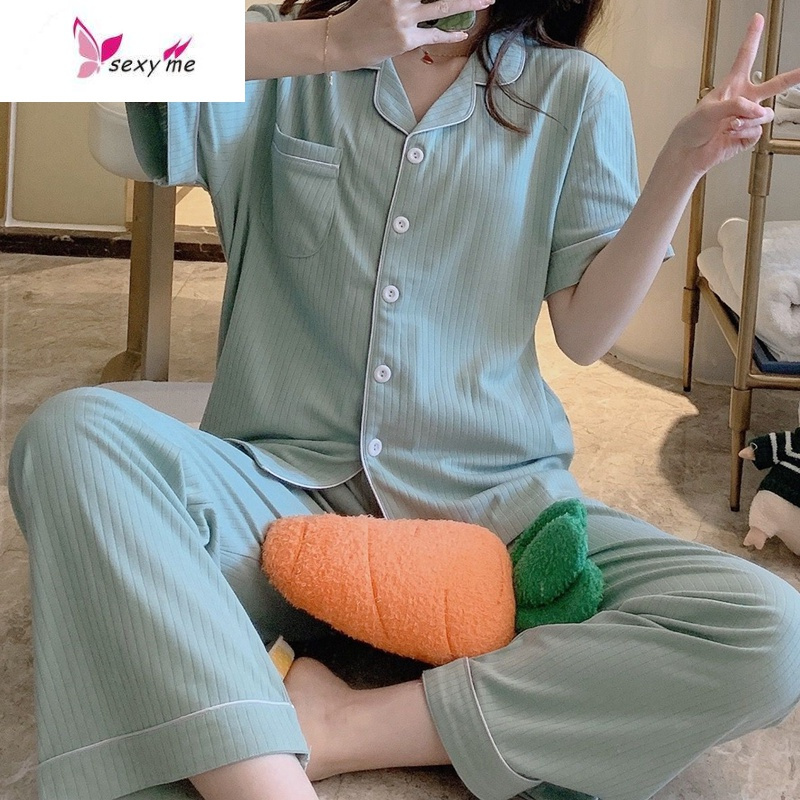 睡衣女夏棉短袖长裤洋气韩版简约休闲居家薄款家居服两件套 FISH BASKET