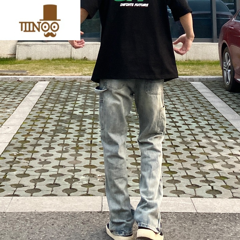 YANXU国潮牌美式街头做旧水洗直筒牛仔裤男oversize设计感宽松百搭长裤高清大图