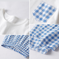 猫人儿童睡衣宝宝春秋季纯棉家居服套装男童女童格纹口袋空调服