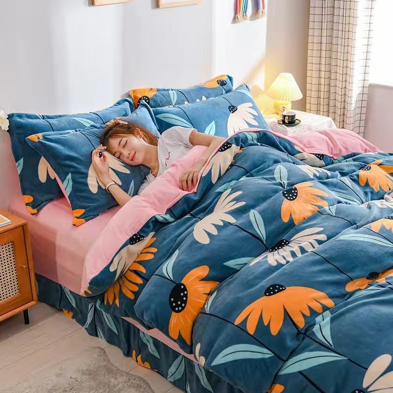 加厚牛奶绒ab版印花四件套法兰绒冬季保暖双面珊瑚绒1.2米三件套