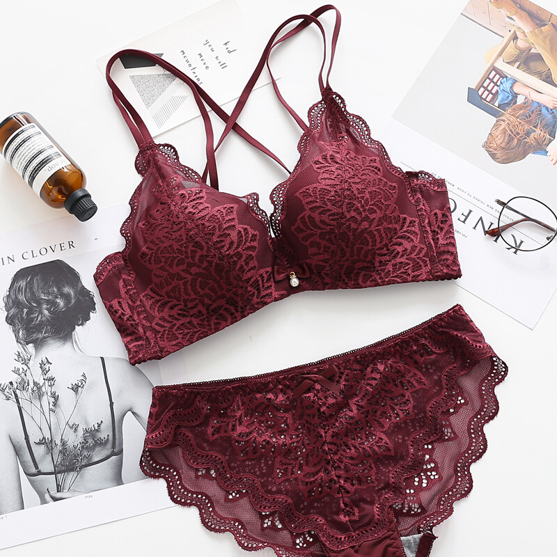 聚拢无钢圈薄款性感蕾丝交叉带胸罩上托夏季白色内衣套装白色文胸内裤