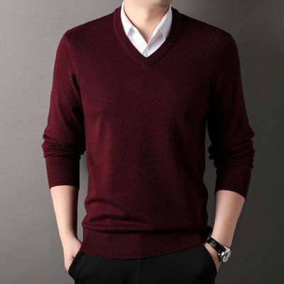 羊毛衫男冬季新款鸡心V领毛衣男套头加厚可机洗针织衫男打底 酒红 XL