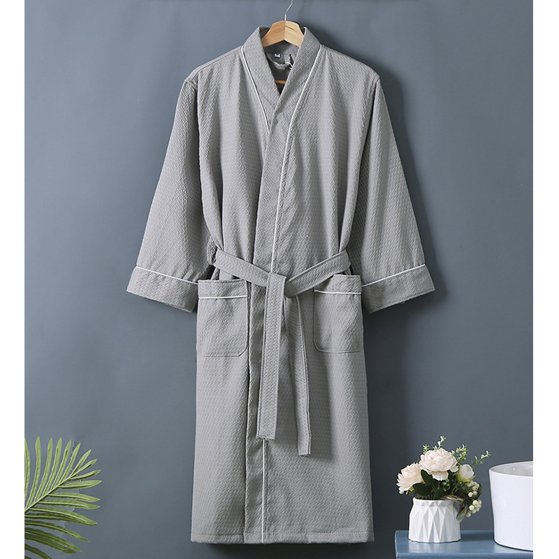 添福运 夏季浴袍酒店浴袍男女士浴衣棉华夫格睡袍薄款长款情侣全棉吸水速干睡袍 L（建议身高170-180） 薄款华夫格-灰色