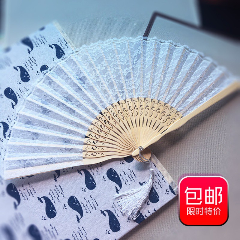 蕾丝扇子日式折扇折叠花边贝壳扇女式扇子折扇竹质工艺扇 三维工匠 高档蕾丝葵形扇(纯白色)_776