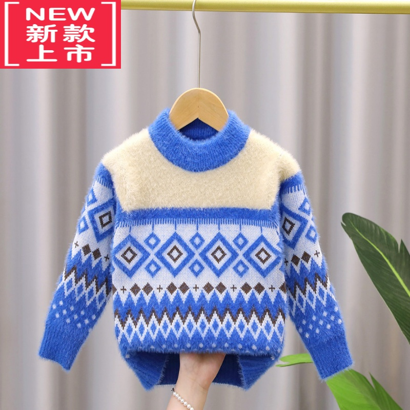 可莉允男童毛衣2022秋冬加绒加厚套头中小童针织衫儿童打底衫线衣