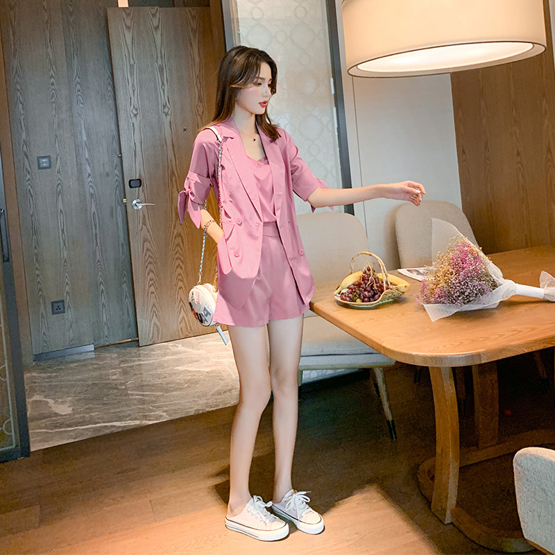 艳如飞夏装学院风职业装小西装短裤三件套装港味复古气质西服时尚女夏潮套装
