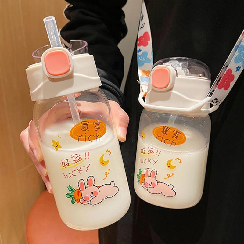 夏天用杯子玻璃透明便携耐高温女学生韩版可爱高颜值水杯带吸管杯 努力赚钱小女孩-350ml 单杯子+杯刷
