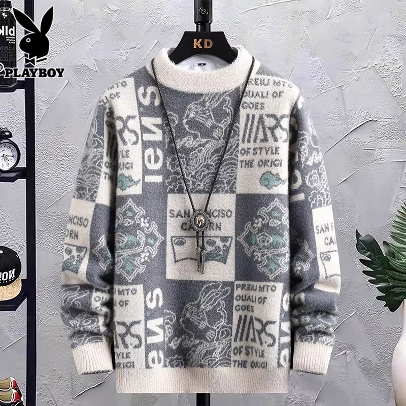 花花公子圆领毛衣男士秋冬季新款宽松衣服潮牌拼色休闲内搭针潮内高清大图