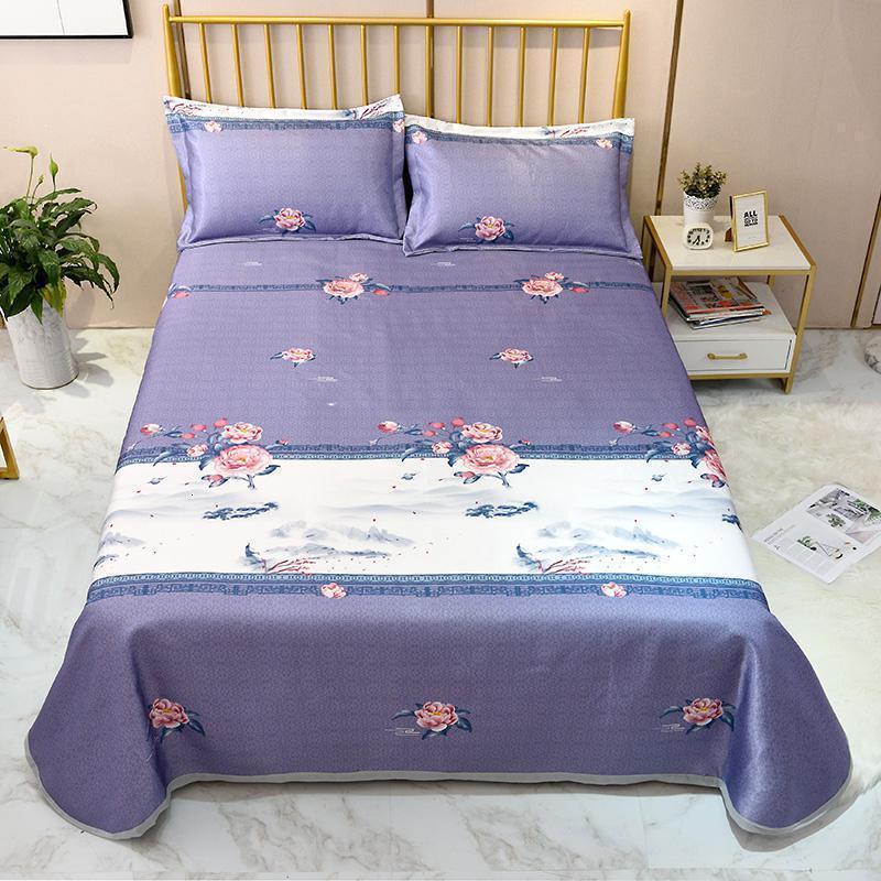 美帮汇冰丝席凉席三件套1.8m床双人可水洗席子夏季1.5米学生宿舍空调席 红生花季-紫 2.0m（6.6英尺）床