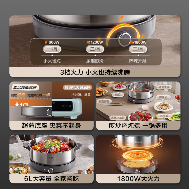 苏泊尔 0涂层不锈钢电火锅 超薄速沸电煮锅 火锅专用锅 家用多功能电热锅6L涮肉H60YK784