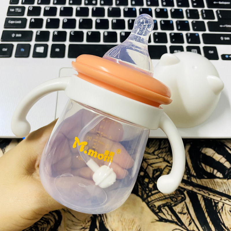 小容量宽口径新生婴儿童宝宝PP奶瓶塑料奶壶喝水奶嘴杯带手柄吸管 猫猫橙160ml/小圆0-3月 送1奶瓶刷