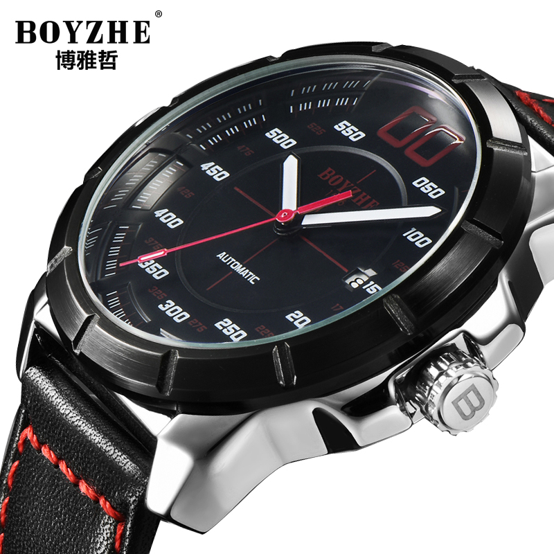 正品博雅哲/BOYZHE品牌皮带表带全自动机械表真皮日历手表斗音款瑞士风格男士运动手表高清大图