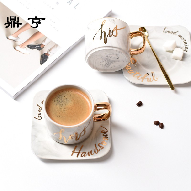 鼎亨小西家 北欧风大理石纹陶瓷咖啡杯碟 描金下午茶茶杯花茶杯情
