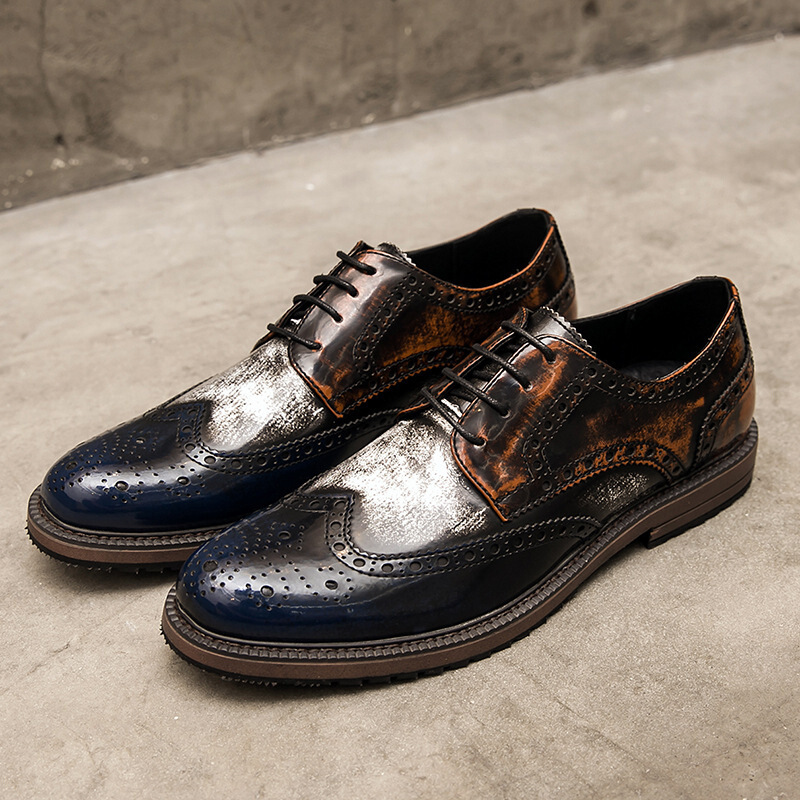 梵克公牛英伦皮鞋男时尚青年人造革洛克鞋子 2020发型师男鞋拼色做旧