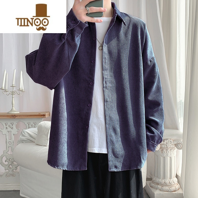 YANXU秋季潮牌长袖衬衫男设计感小众灯芯绒宽松寸衫韩版港风in潮绒AX高清大图