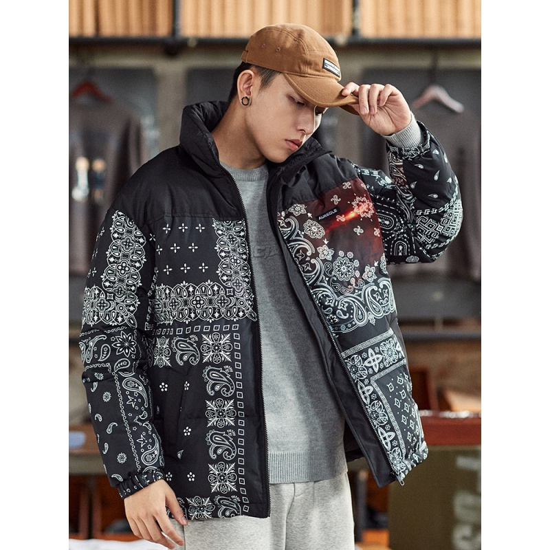 唐狮冬季新款羽绒服男立领腰果花加厚保暖羽绒服男士外套百搭