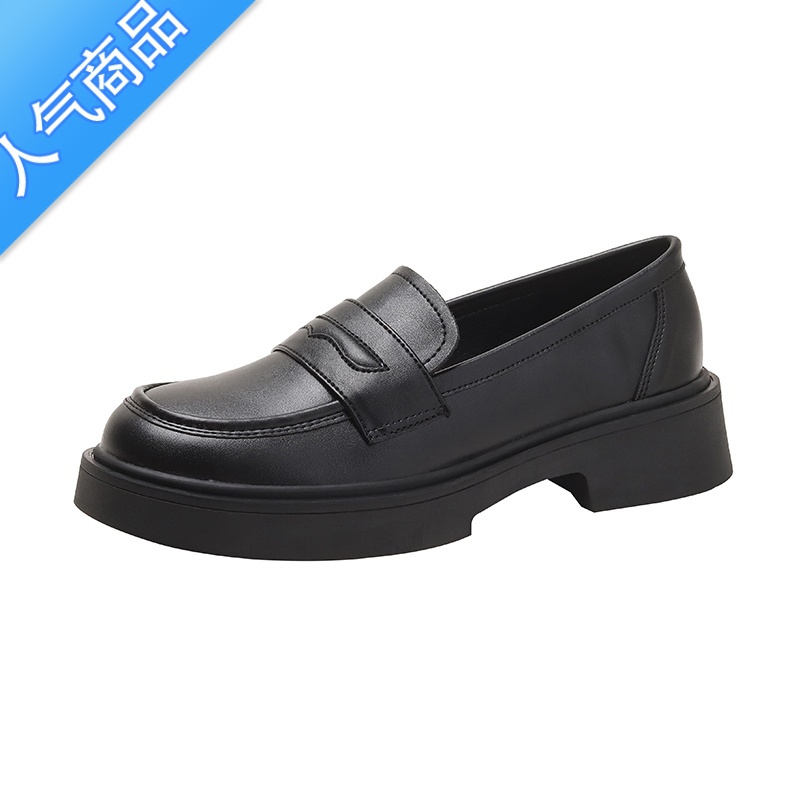 SUNTEK乐福鞋女英伦风2023春秋新款一脚蹬黑色小皮鞋厚底配裙子单鞋高清大图