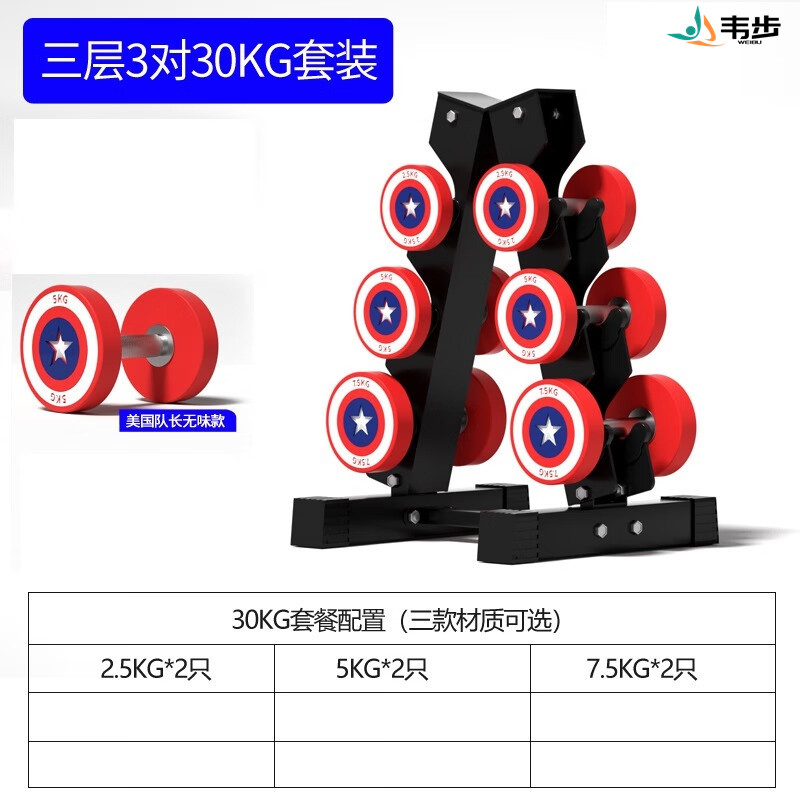 韦步美国队长哑铃商用健身房私教专用PU包胶固定美队哑铃套装 30公斤哑铃套装（三对哑铃架）