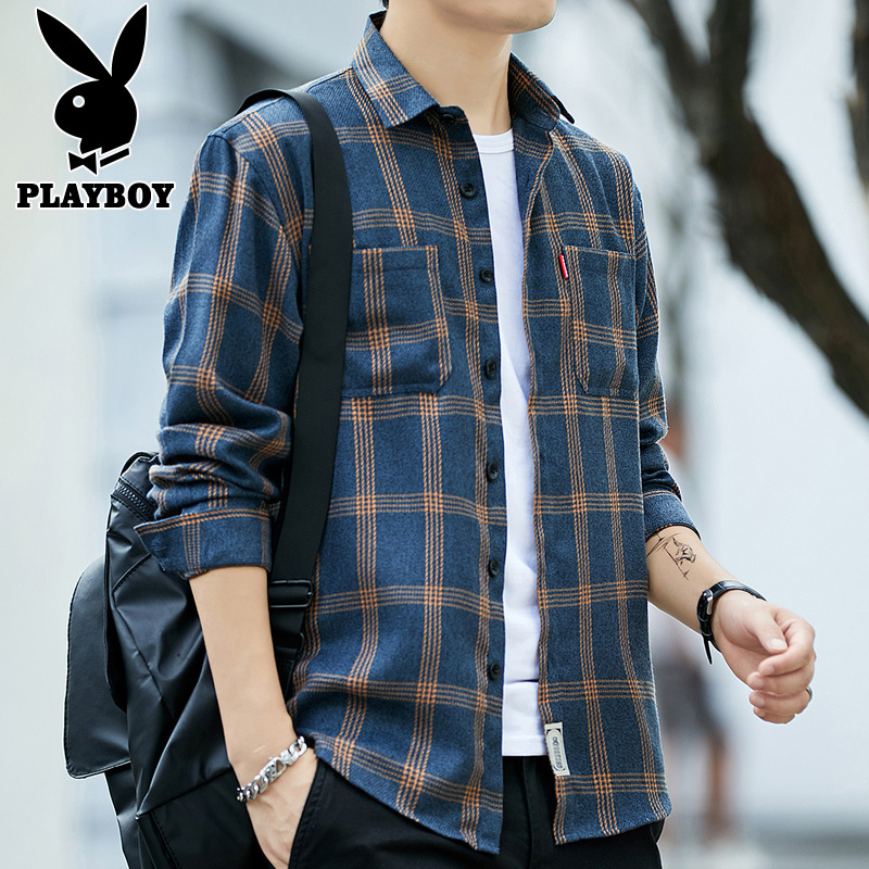 花花公子男衬衫长袖修身春秋潮流休闲男装衬衣格子商务上衣外套