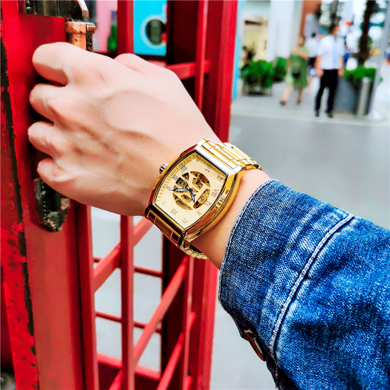 奥古拉斯酒桶型全自动男士机械表双面镂空月相手表男夜光防水商务时尚 金钢金壳金面