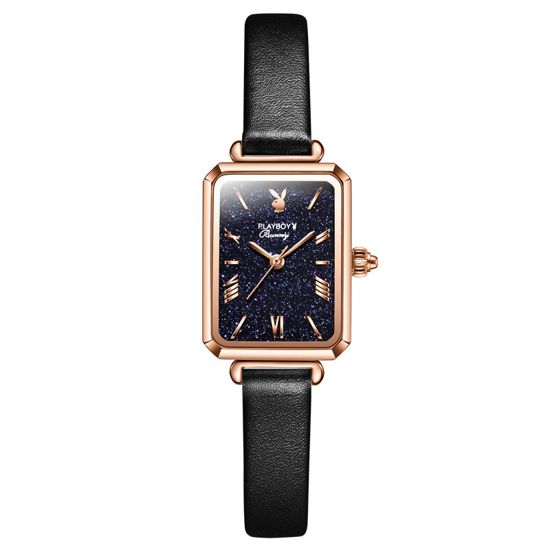欧美品牌花花公子(playboy)手表女新款方形石英表时尚ins风真皮带防水
