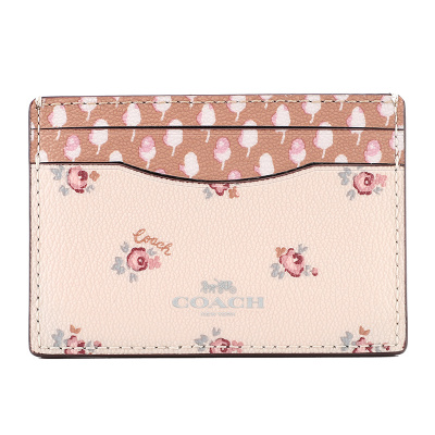 COACH 蔻驰 奢侈品 欧美时尚短款女士钱包粉色印花皮革卡包卡夹