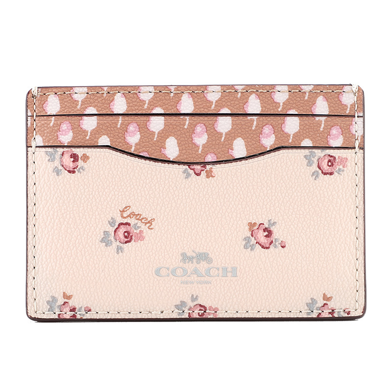 COACH 蔻驰 奢侈品 欧美时尚短款女士钱包粉色印花皮革卡包卡夹