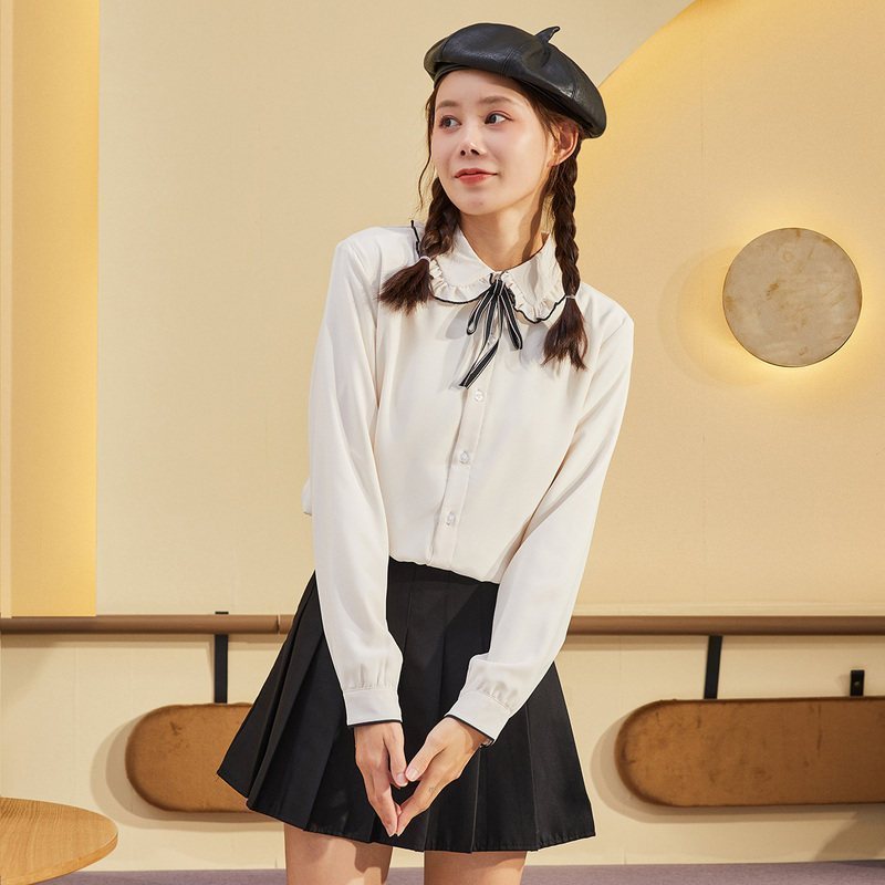 唐狮长袖蝴蝶结衬衫女秋装新款厚款韩版小清新时尚百搭衬衫
