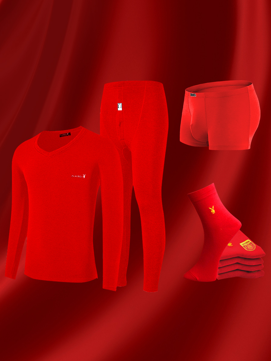 花花公子男大红色结婚本命年男士保暖内衣套装情侣秋衣秋裤女加子高清大图