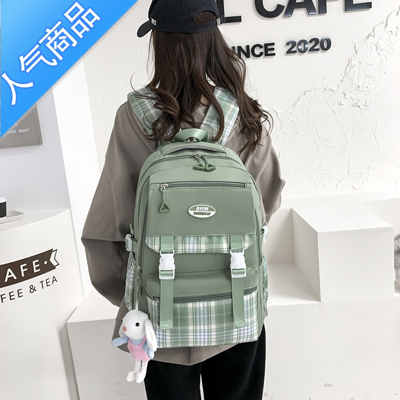 封后书包女初中生中学生小学生三到五六年级大容量轻便减负格子双肩包学生书包