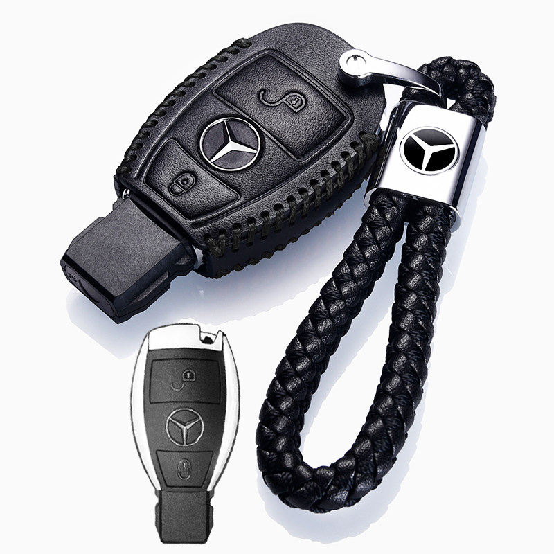 【补贴10%】奔驰C级C200L车钥匙套真皮GLC260 GLA200 GLE320 GLS400钥匙包扣汽车钥匙包 奔驰C款黑色+绳（插入式启动二键）半包
