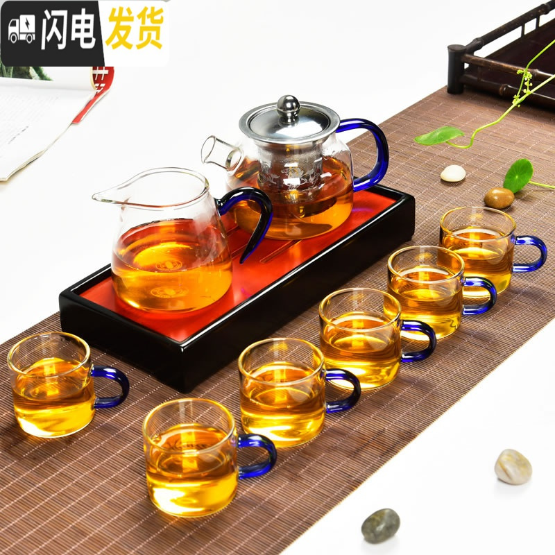 三维工匠耐热玻璃红茶泡茶器过虑双耳杯花茶壶冲茶器陶瓷功夫茶具套装礼品 《绿柄龙把》7件套