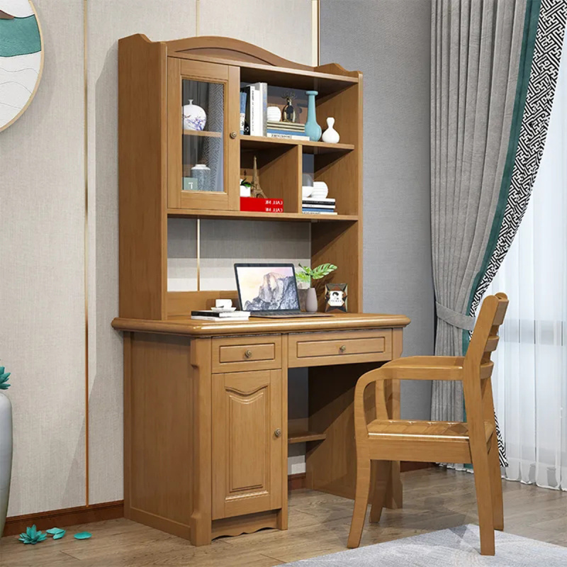 mu中式实木书桌书架书柜一体家用电脑桌学生学习桌卧室书房书桌柜