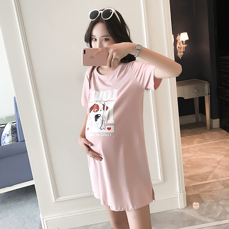 孕妇装夏装2018孕妇T恤中长款夏季圆领短袖上衣棉宽松韩版yy