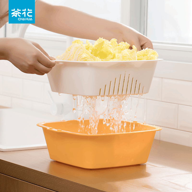 茶花(CHAHUA) 塑料果蔬篮洗菜篮 时尚滤水筛(大号)橙色1160尺寸:29.5*27*9.5cm图片