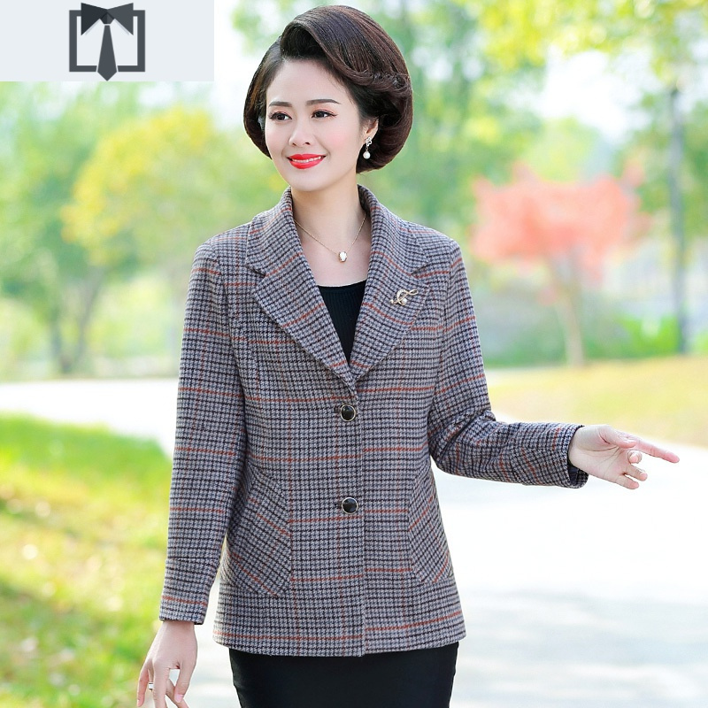 suntek中年妈妈秋装上衣外套小西装长袖格子气质中老年女装40岁50中长