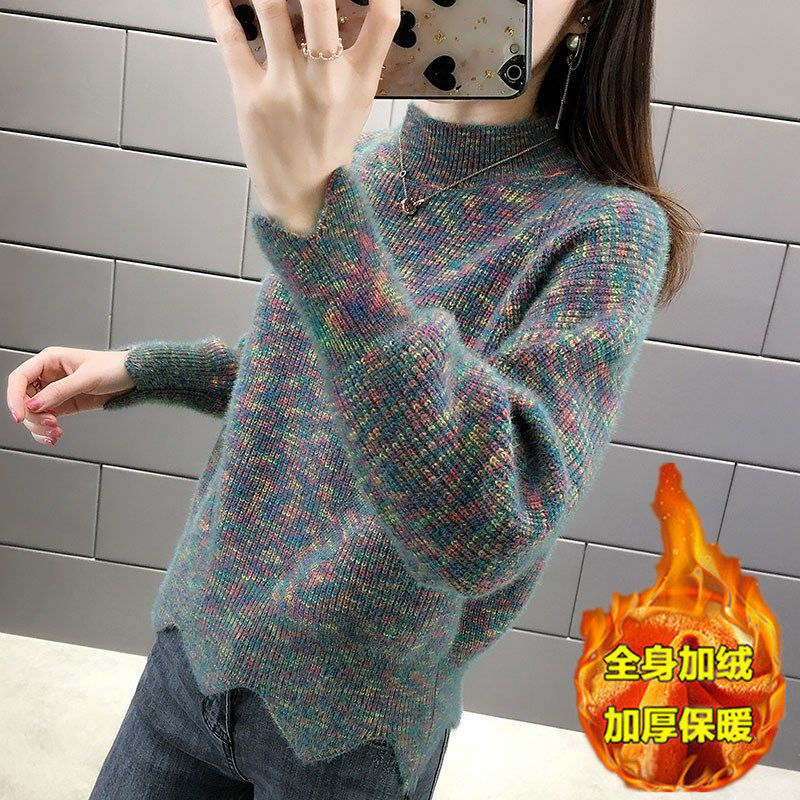 加绒/不加绒秋冬半高领针织打底衫宽松加厚毛衣女 XL建议120-130斤 墨绿色【加绒】