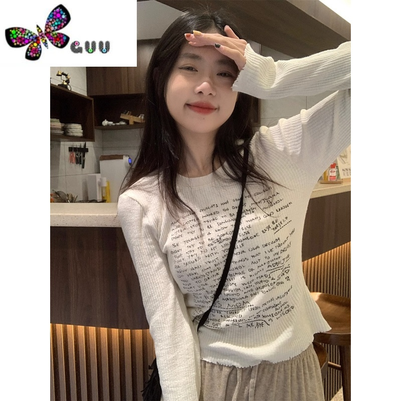 语娄设计感正肩长袖字母印花t恤女冬小众修身显瘦短款打底衫上衣