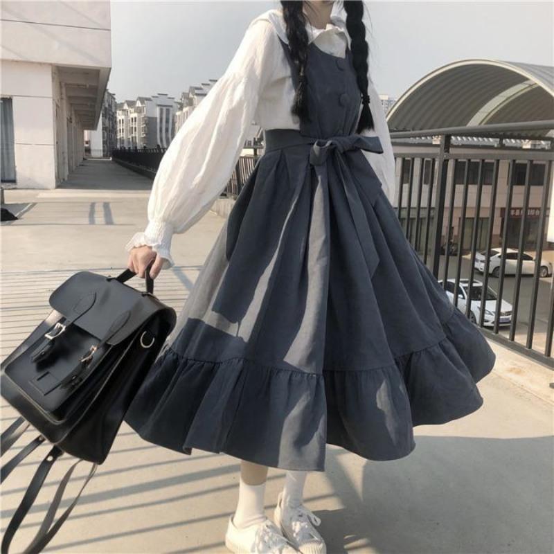 套装连衣裙女春夏季韩版宽松显瘦小清新学院风衬衣+中长款背带裙 202 黑色单件裙子 XS 建议60-85