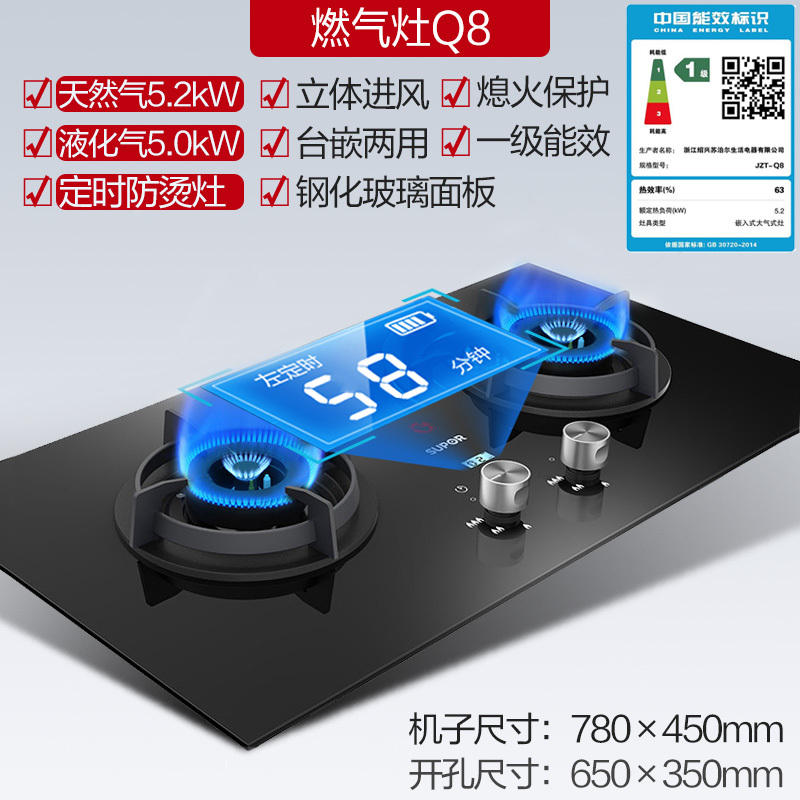 苏泊尔定时燃气灶煤气灶双灶家用台嵌天然气大面板液化气炉灶具 黑色 天然气