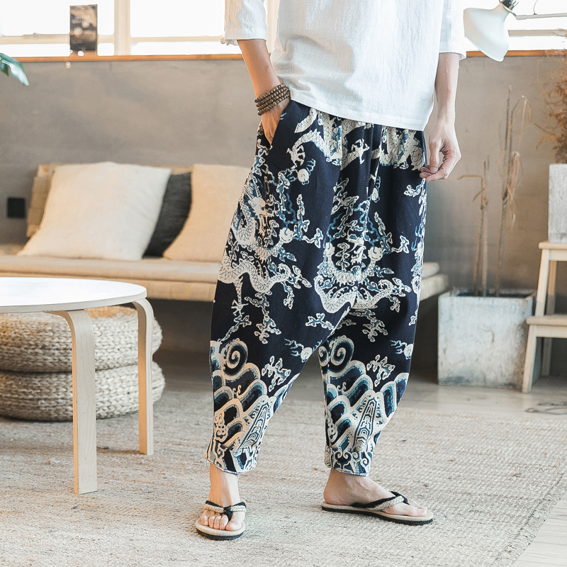 中式宽松灯笼裤春夏新款男士大码尼泊尔休闲裤中国风龙印花长裤潮