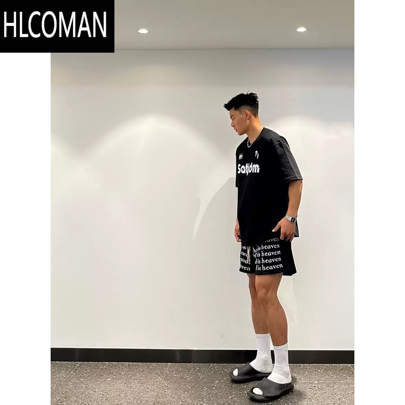 HLCOMANhell is heaven美式字母满印抽绳四分短裤男夏网眼篮球运动健身裤