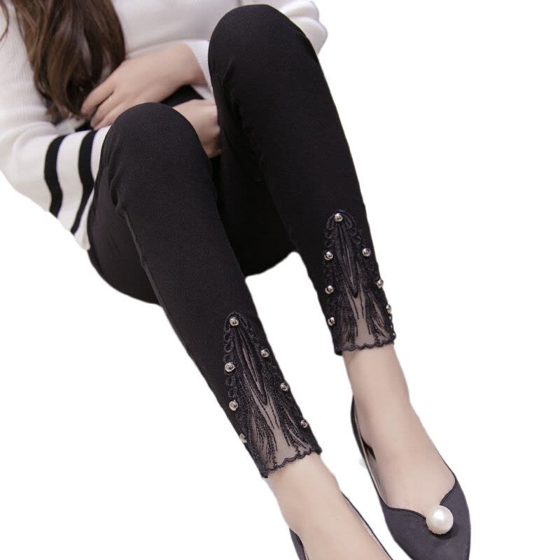 迪鲁奥（DILUAO)孕妇秋装2021新款孕妇钉珠裤脚显瘦小脚托腹裤长裤孕妇裤子 黑色图片